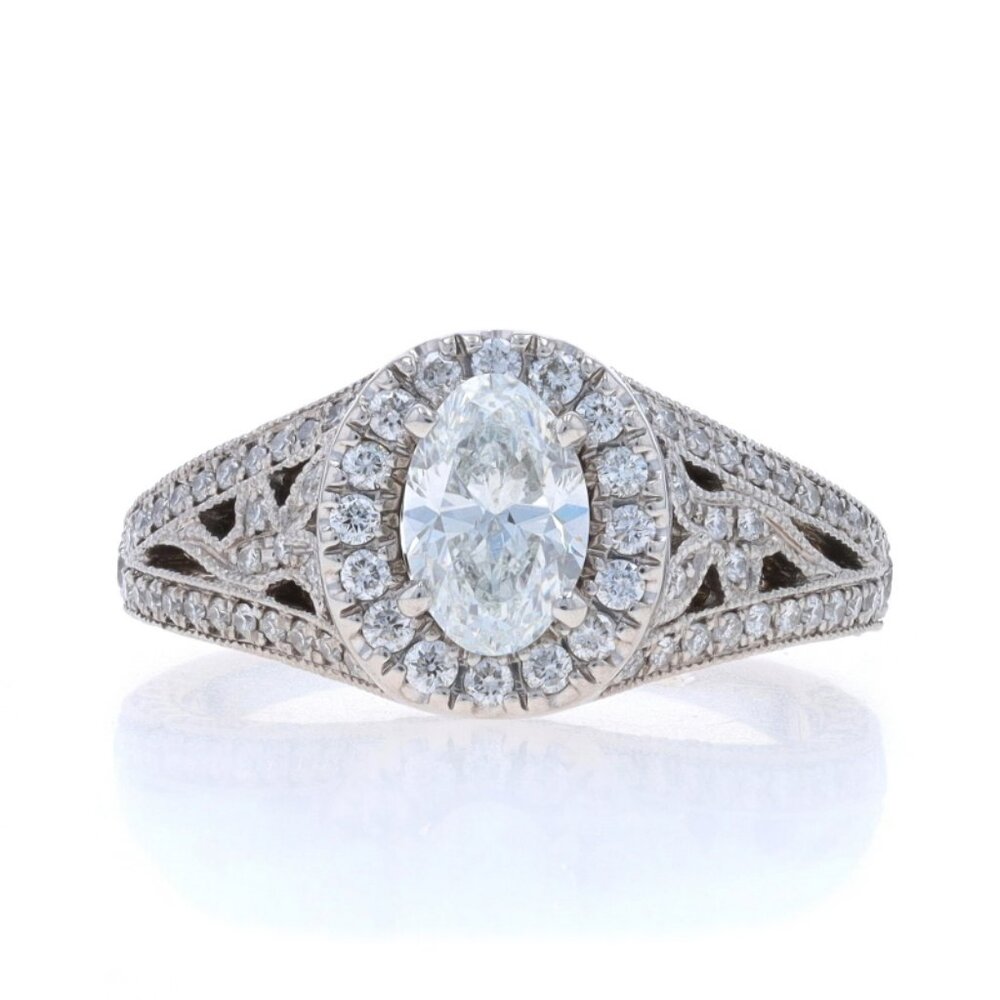 Neil Lane Diamond Halo Engagement Ring - White Gold 14k Oval 1.45ctw GIA Leaves